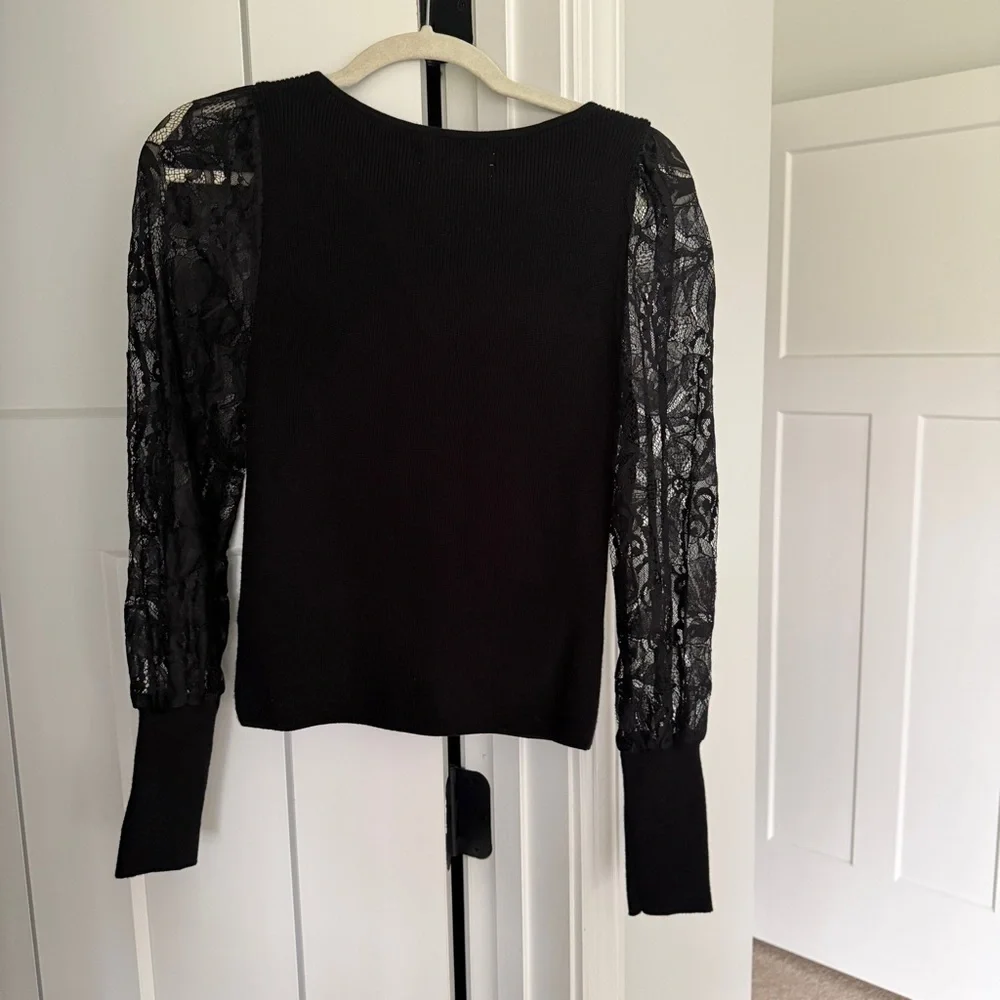 Anthropologie Black Lace-Sleeve Sweater Ribbed Knit Top